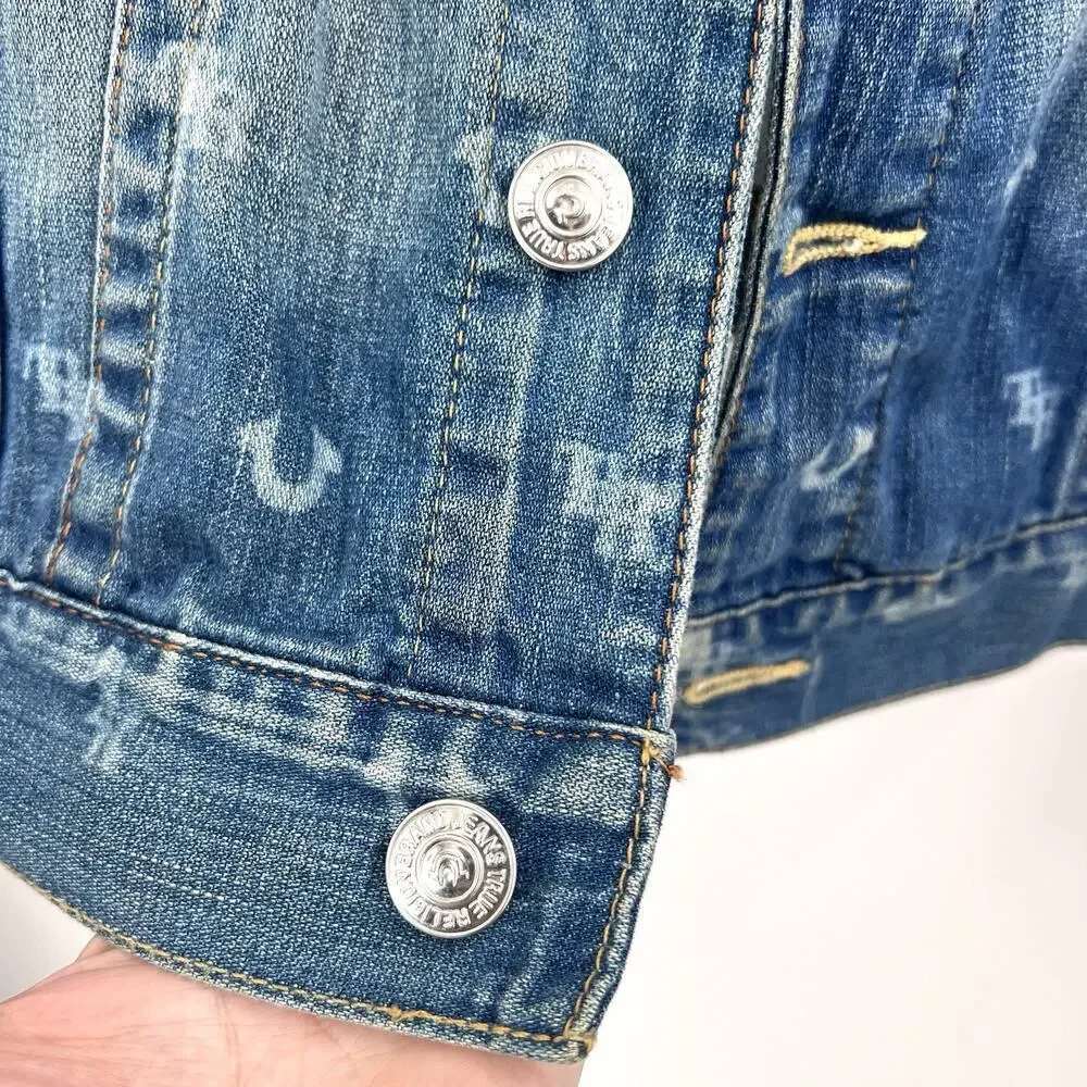 True Religion Monogram Blue Denim Trucker Jacket Mens Size XL